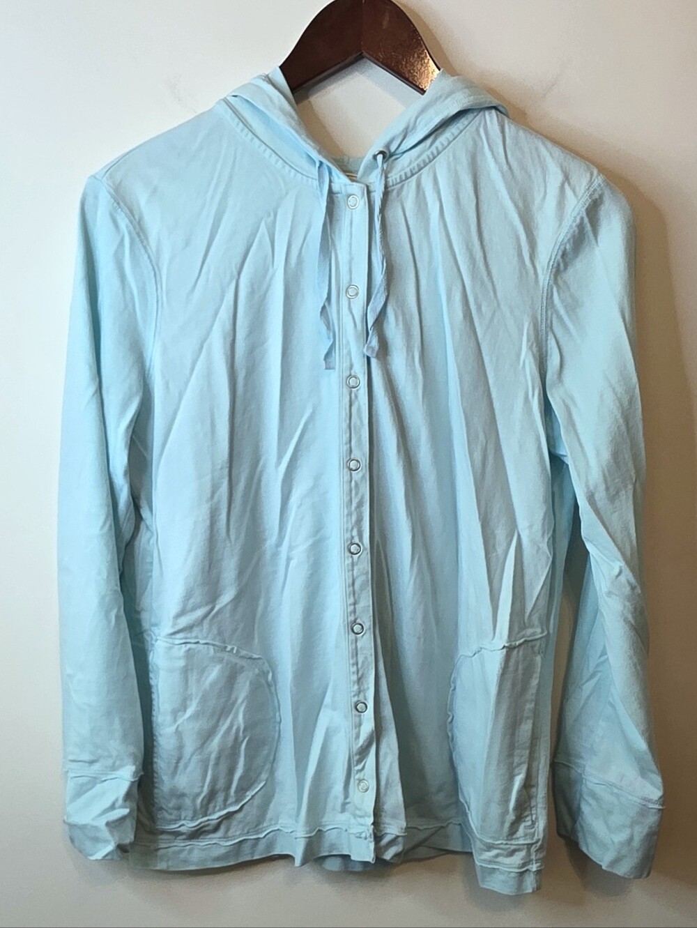 J. Jill Snap Front Knit Hoodie Jacket Teal Blue Size Medium Travel Lightweight